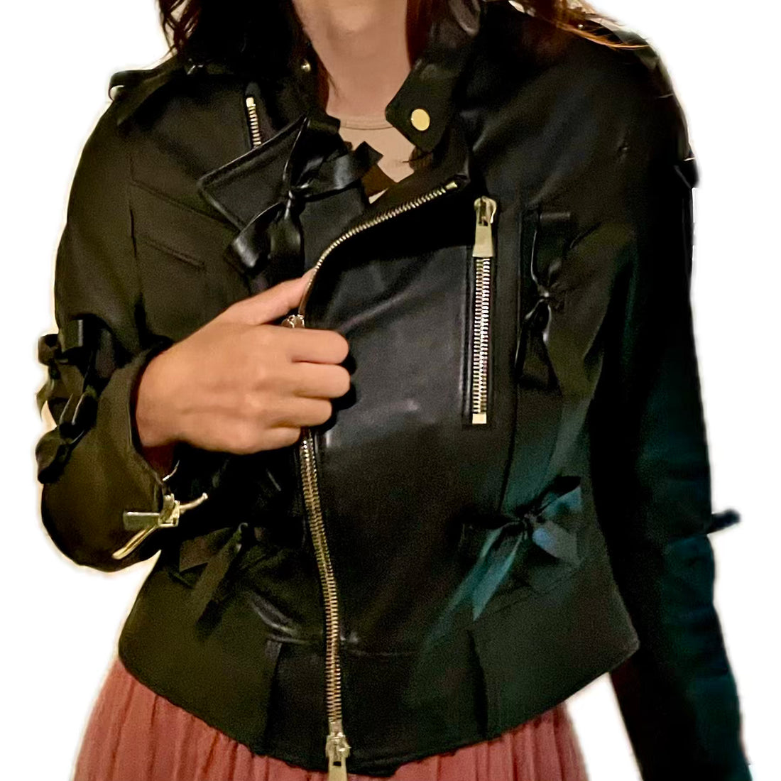 Katie, the chic Perfecto leather jacket with bows - EVA ROJE