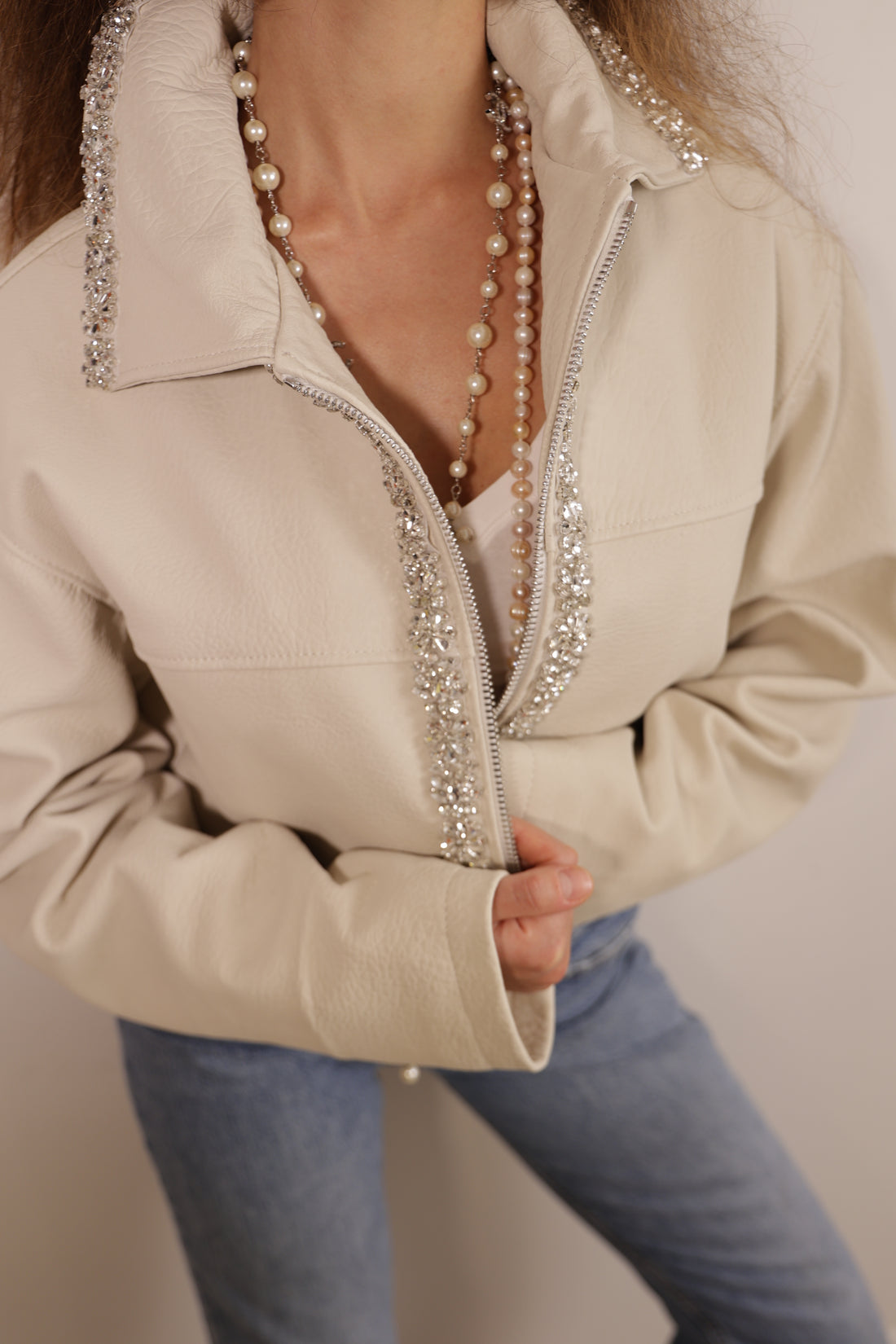 Angelica Luxury Grain Leather Jacket with Crystal Embellishment