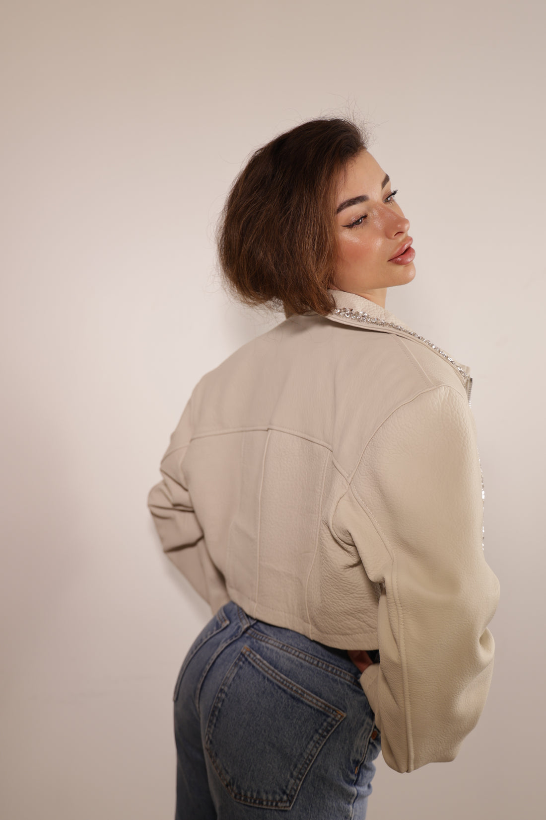 Angelica Luxury Grain Leather Jacket with Crystal Embellishment