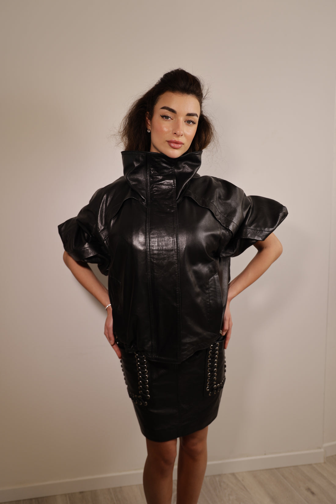 Valerie Leather Jacket with Statement High Collar