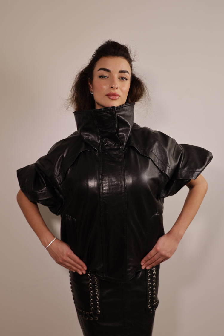 Valerie Leather Jacket with Statement High Collar