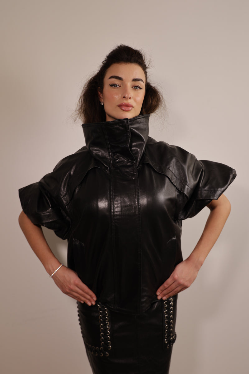 VALERIE — women's leather jacket with statement high collar, EVA ROJE