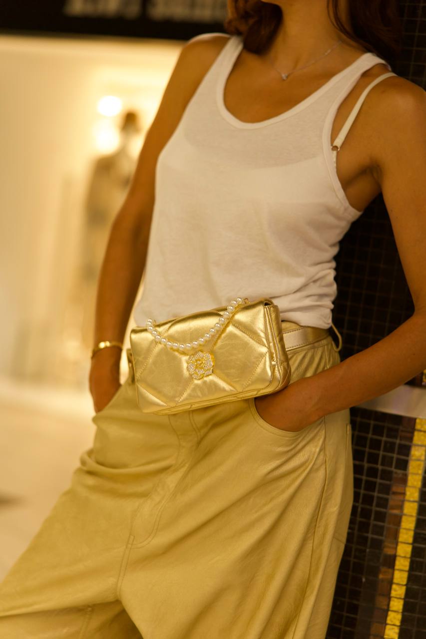 EVA ROJE Rose Bag — hands-free metallic gold Italian leather crossbody bag