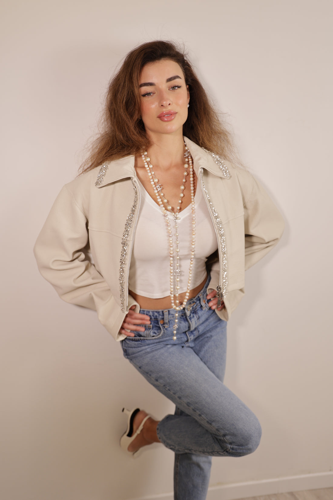 Angelica Luxury Grain Leather Jacket with Crystal Embellishment