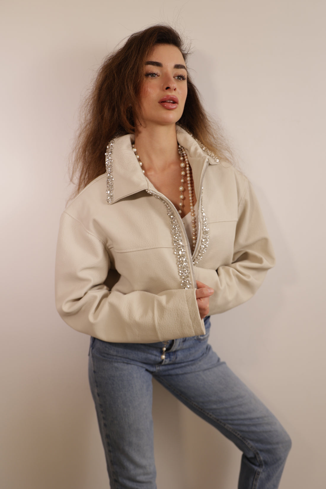 Angelica Luxury Grain Leather Jacket with Crystal Embellishment