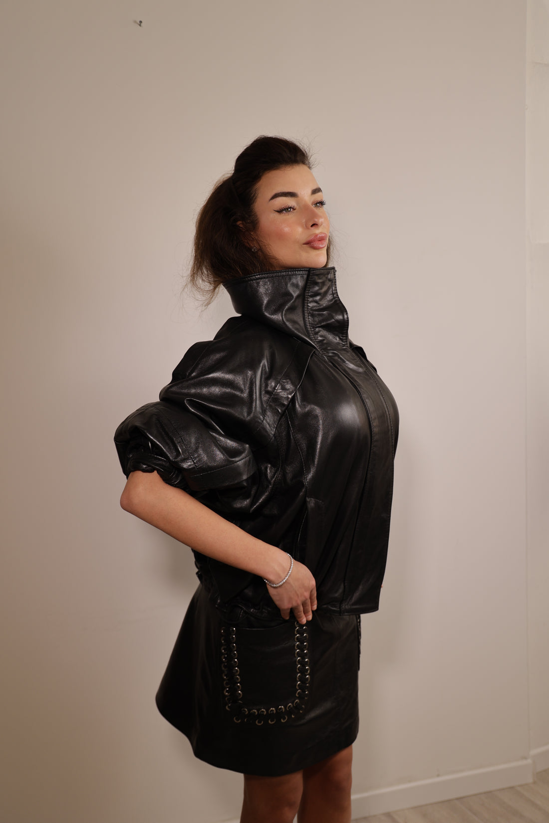 Valerie Leather Jacket with Statement High Collar