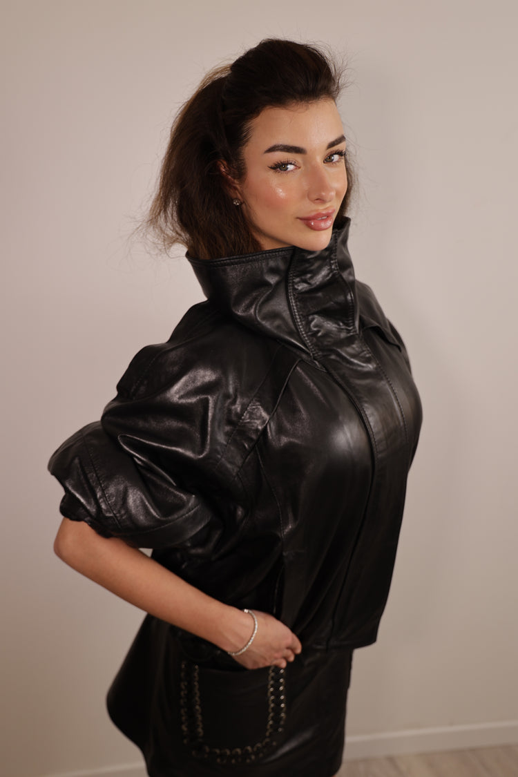 Valerie Leather Jacket with Statement High Collar